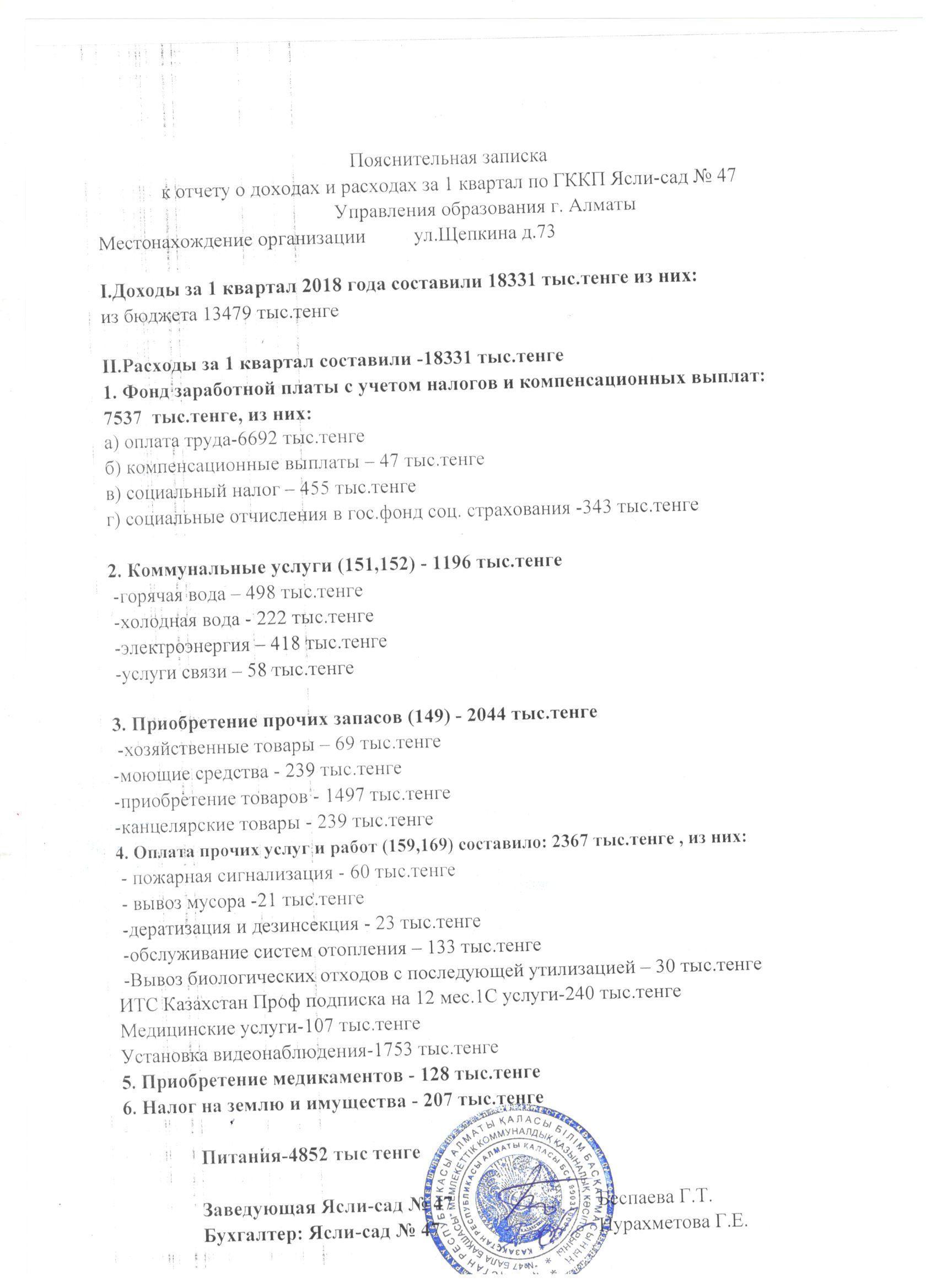 Отчет о доходах и расходах за 1 кв 2018 года